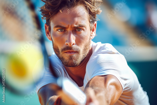A focused and motivated tennis player white ethnicity man plays tennis at an international championship.