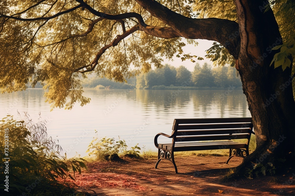 A bench near the lake with mountains