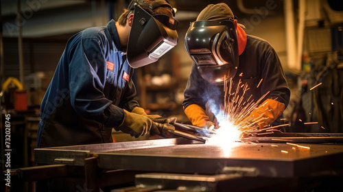 Young apprentice mastering welding technique, focused expression, protective gear, metalwork workshop, industrial training, skill development, vocational education, craftsmanship