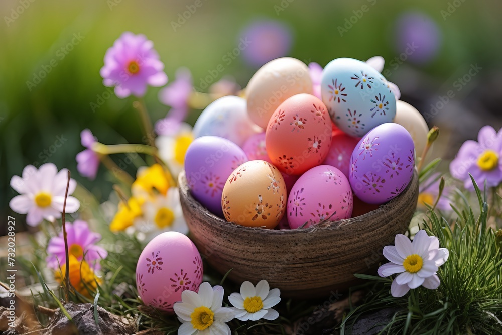 Colorful easter eggs surrounded by vibrant spring flowers in a festive themed scene