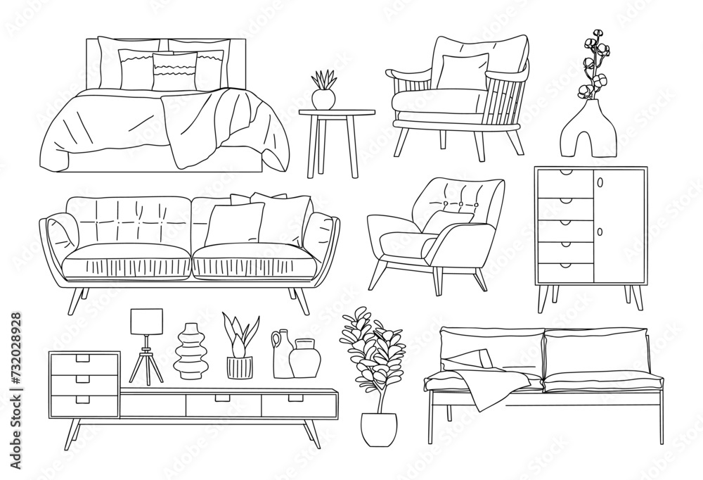 Collection of elegant modern furniture and home interior decorations in trendy Minimalist Scandinavian style hand drawn line art black sketch on white background. Monochrome vector illustration.