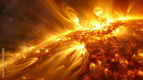 Close up of a star. Captivating solar activity illuminates the celestial canvas with explosive radiance. Ideal for conveying the dynamic energy and awe-inspiring beauty of the sun
