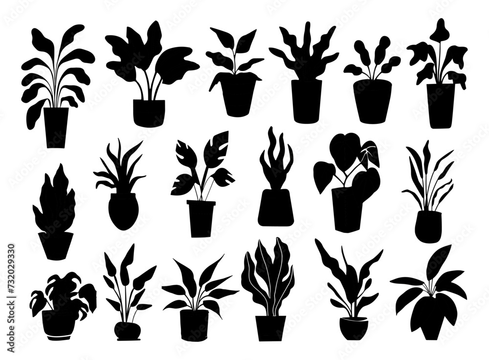 Silhouettes of different House Plants in pot set. Collection of indoor potted decorative houseplants for interior home, office decoration. Monochrome black vector illustrations on white background. - obrazy, fototapety, plakaty 
