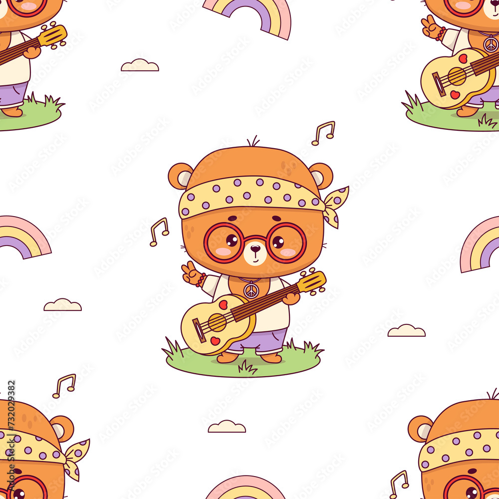 Seamless pattern with  hippy bear boy