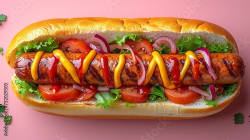 hot dog on a pink background top view