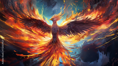Abstract phoenix rising from a sea of pixelated flames,