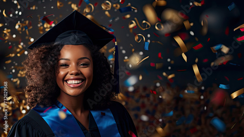 Woman celebrating graduation with room for text created with Generative AI technology