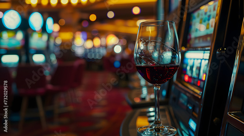Cinematic wide angle photograph of red wine glass in a casino slot machines. Product photography. Advertising.