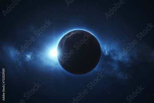 Shining moon on a starry night. Moon in front of galactic nebula, solar eclipse.