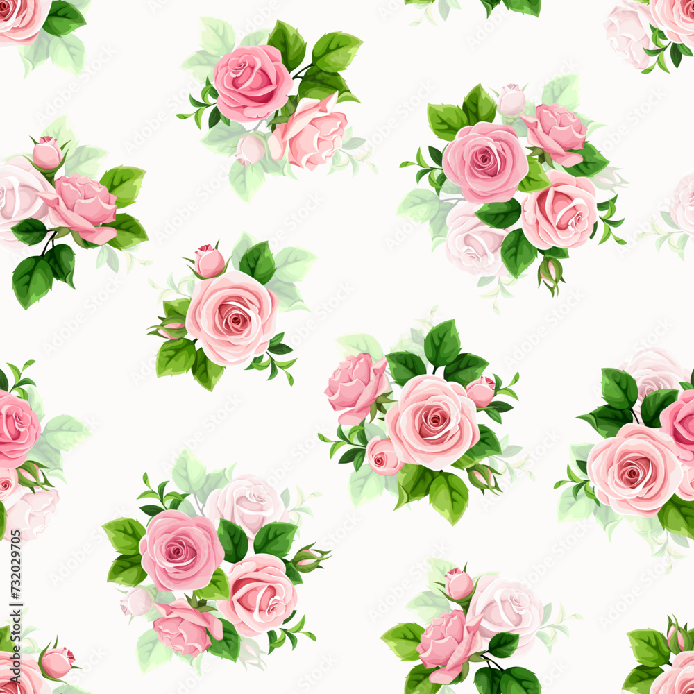 Floral seamless pattern with pink rose flowers and green leaves on a white background. Vector floral print