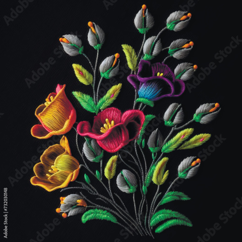 Stitching lines colorful bell flowers. Embroidered bouquet of bell flowers, leaves. Embroidery floral modern background illustration. Beautiful stitch textured bright flowers. Surface texture. Vector