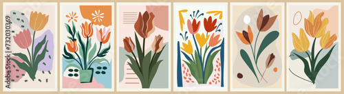 Abstract flower posters set. Trendy botanical wall arts with Tulip, April birth month flower in hippie style. Modern naive groovy funky interior paintings. Colorful flat vector illustrations. 