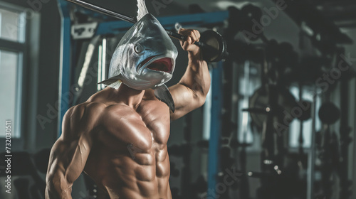 muscleman in the gym with fish head