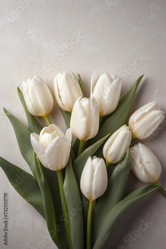 Bouquet of white tulips on a light background  top view  copy space
