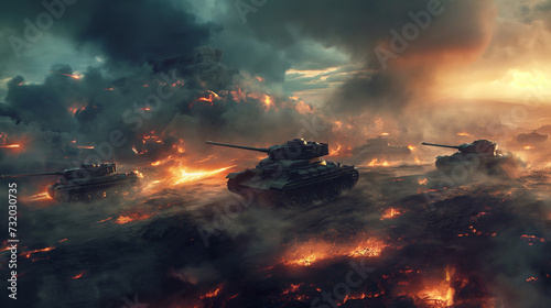 tank in warzone with fire
