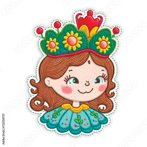 Stitching lines embroidery smiling little princess with crown, flowers. Isolated design. Beautiful cartoon dolly. Stitch textured funny embroidered cute girl. Floral vector background illustration
