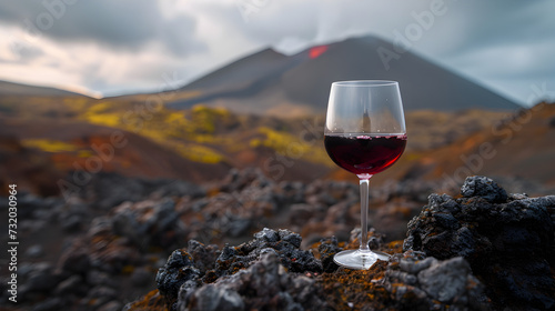 Cinematic wide angle photograph of red wine glass in the border of a volcano. Product photography. Advertising.