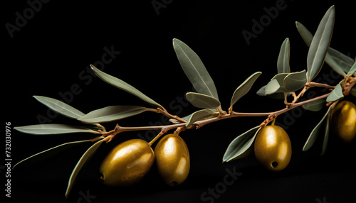 Golden olives on a branch on a black background