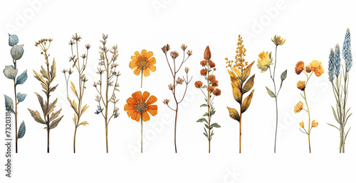 Vibrant set of autumn leaves and plants, alongside dried wild herbs and flowers.