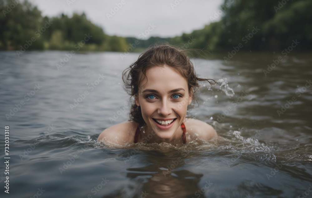 pretty blue eyed woman diving in river smiling
