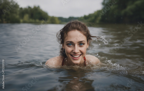 pretty blue eyed woman diving in river smiling