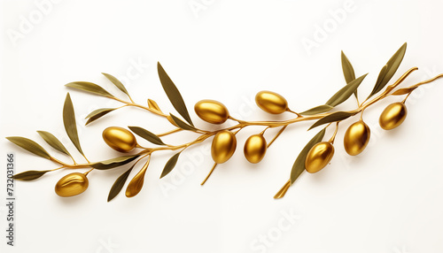 Golden olives on a branch on a white background