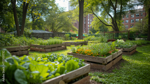 A community garden flourishing with vibrant greenery, symbolizing urban agriculture and sustainable living photo