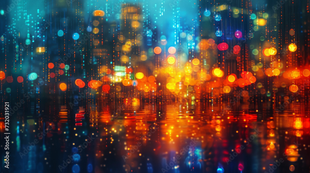 Rain drops on window, blurred city lights in the background a cascade of radiant lights, reflecting the pulsating rhythm of urban life and potential