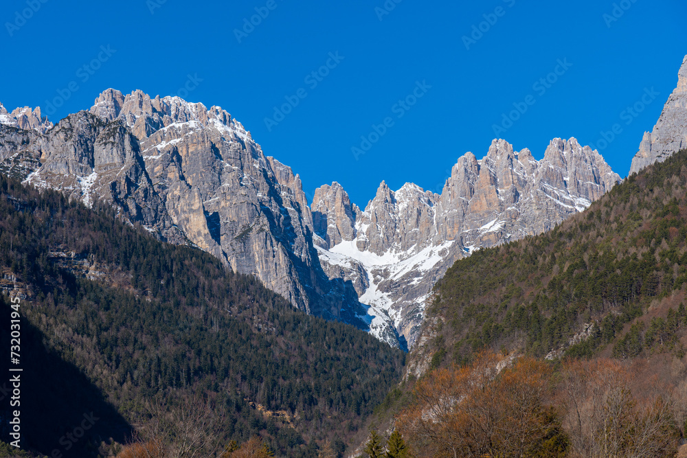 Beautiful landscape of the Italian dolomites. Some snowed peaks.