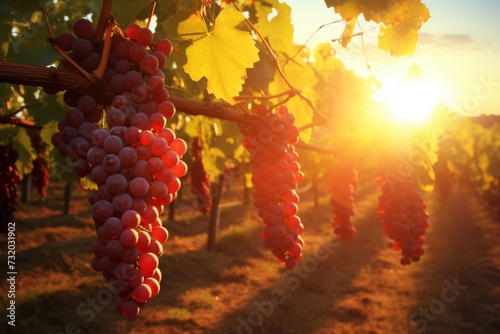 Breathtaking scenery. Ripe grapes glistening in a beautiful grape vineyard bathed in warm sunshine