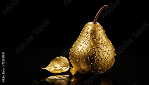 Golden pear with ornaments on a dark black background