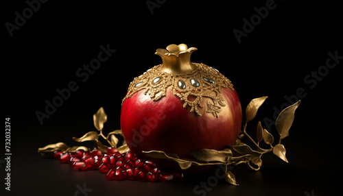 Golden ornamented pomegranate on a dark black background