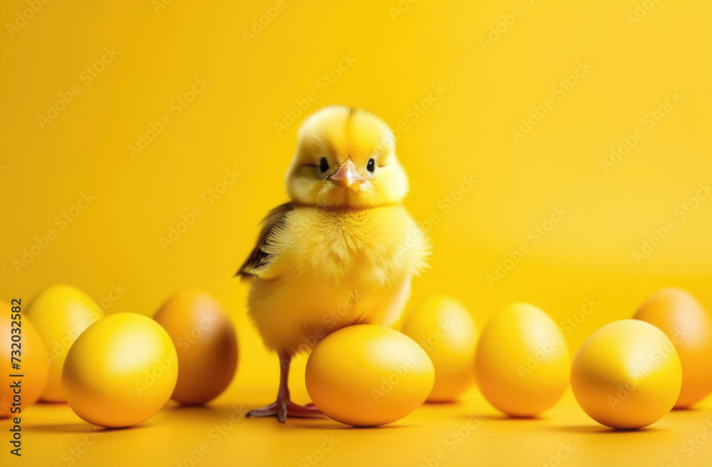 world bird day, Easter, poultry, little Easter chicken, funny yellow chick, colorful painted eggs, yellow background world bird day, Easter, poultry, little Easter chicken, funny yellow chick, colorful painted eggs, yellow background