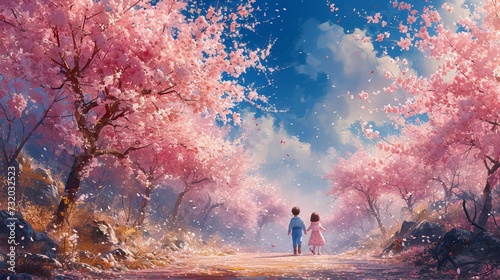  A cute couple of children walks along an alley surrounded by cherry blossoms with petals gently falling in the air. Concept  feelings and dating illustration