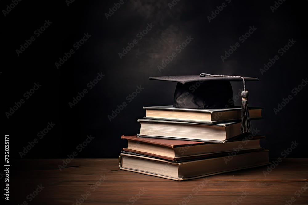 Graduation cap on books with room for text created with Generative AI technology Graduation cap on books with room for text created with Generative AI technology