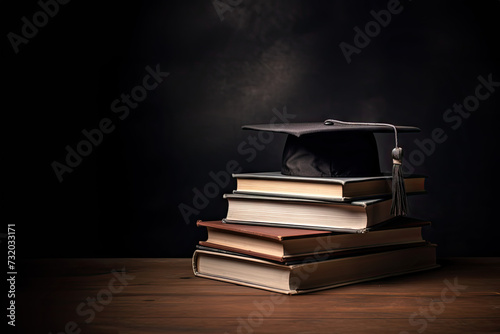 Graduation cap on books with room for text created with Generative AI technology