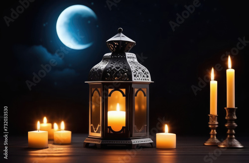 Eid al-Fitr, Laylat al-Qadr, holy month of Ramadan,Arab lantern fanus, candles, lunar moon in the clouds, magical atmosphere, dark background