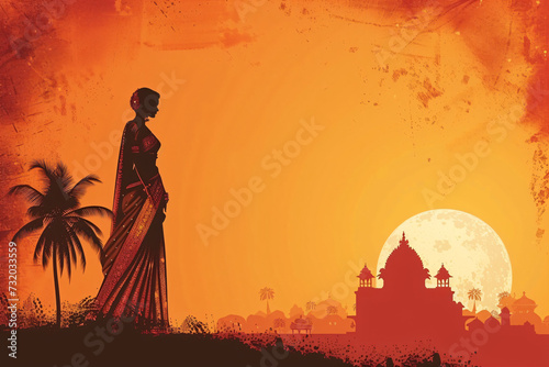 Indian woman silhouette against sunset background with temples. Gudi Padwa banner design. Traditional festival celebration concept. Design for poster  greeting card  invitation with copy space