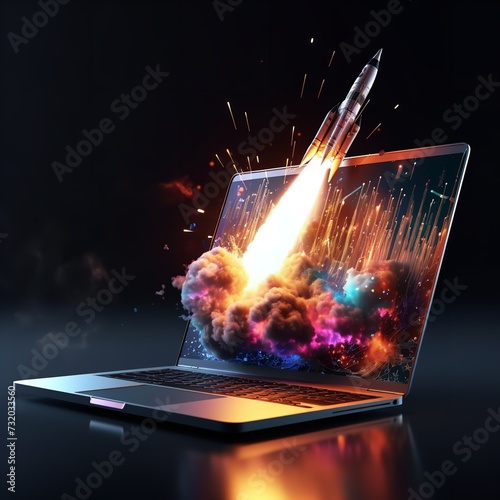 Rocket Emerging from Laptop Screen on Black Background