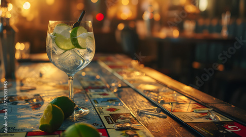Cinematic wide angle photograph of a gin tonic sparkling cocktail with lime on a monopoly game table. Product photography. Advertising. photo