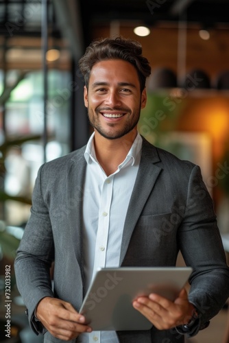 A cheerful young Latin business executive holding a tablet in the office