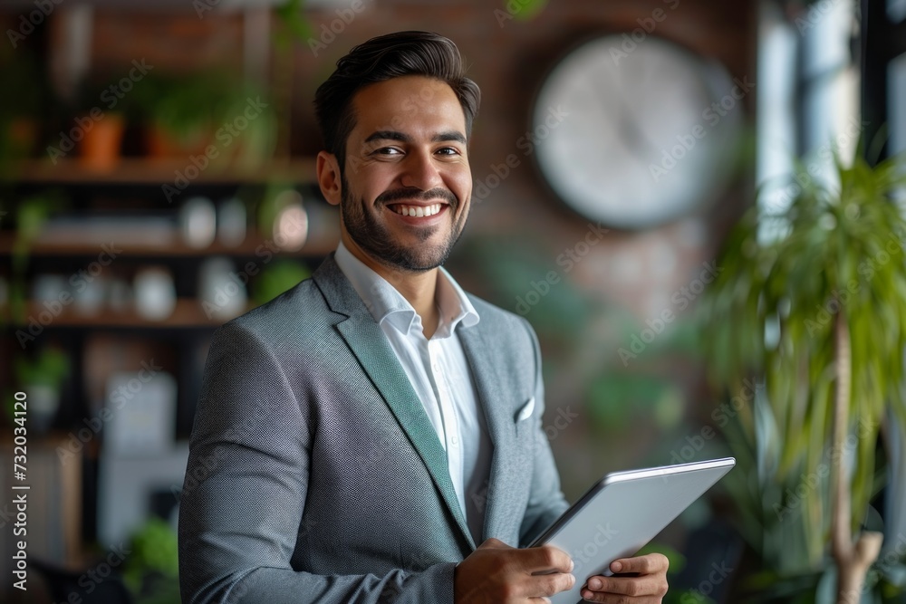 Fototapeta premium A cheerful young Latin business executive holding a tablet in the office
