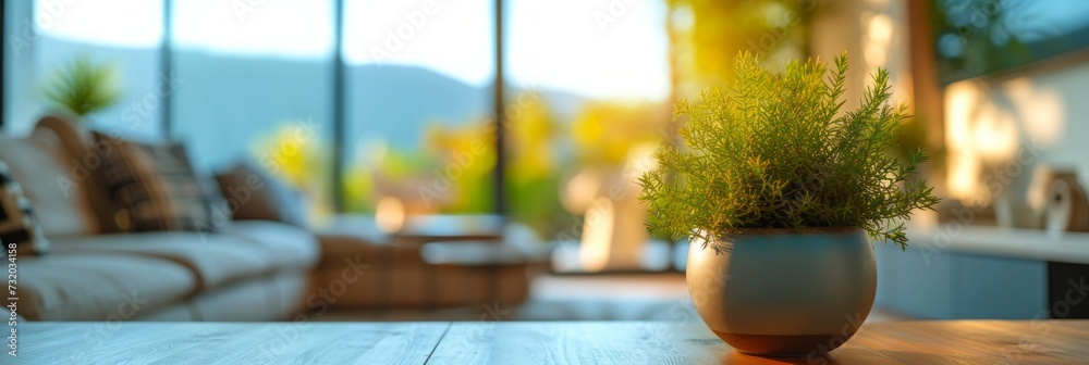 A comfortable living room with a potted plant in the foreground and a blurred background