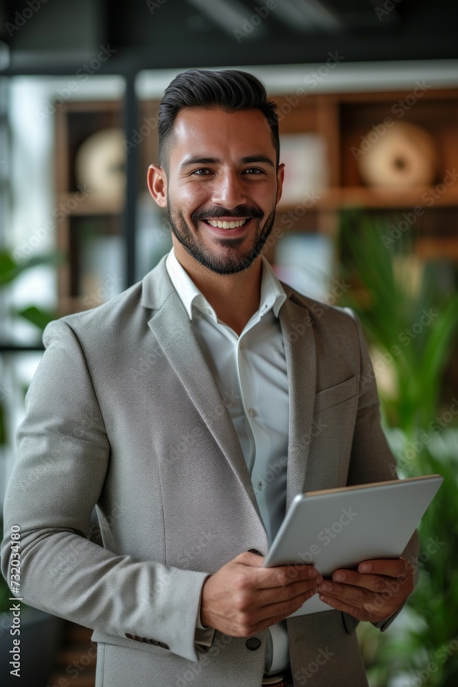 A cheerful young Latin business executive holding a tablet in the office A cheerful young Latin business executive holding a tablet in the office