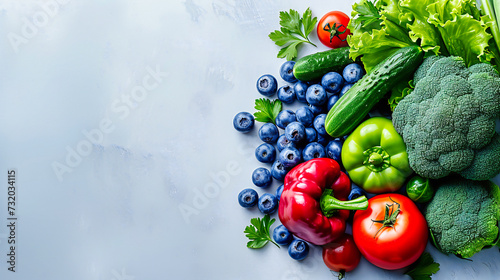 Fresh green vegetables and ripe fruits on a wooden table  symbolizing a healthy and organic diet