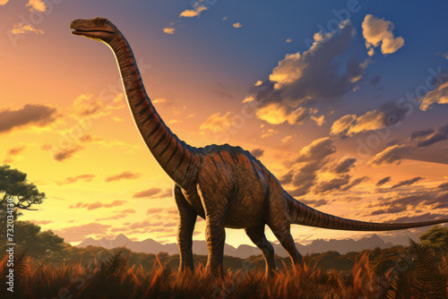 Illustration of Diplodocus  the long-necked dinosaur with a whip-like tail against the vibrant Sunset.