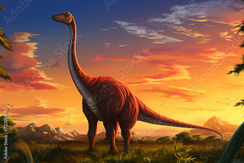 Illustration of Diplodocus, the long-necked dinosaur with a whip-like tail against the vibrant Sunset. © David