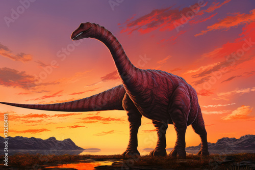 Illustration of Diplodocus, the long-necked dinosaur with a whip-like tail against the vibrant Sunset. © David