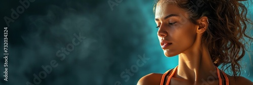 A joyful, attractive, and athletic young woman on a dark background, represen...