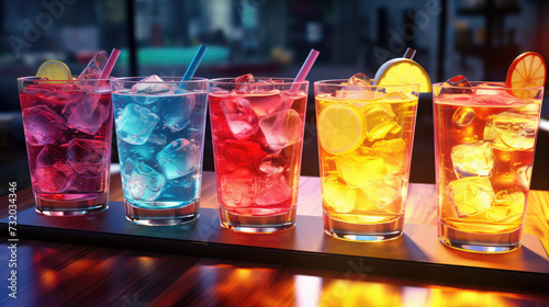 Vibrant colourful soda drinks in glasses placed on a bar, creating a lively and visually appealing glow